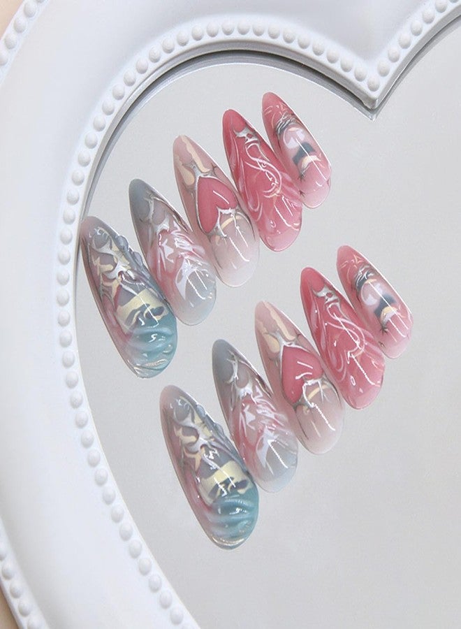 OSTTMA Medium Press on Nails Heart Fake Nails Almond Shaped 3D Metallic Style False Nail Silver Pink Blue Glossy Chrome Heart Butterfly Glue on Nails Reusable Artificial Fingernails for Women,24Pcs - Image 3